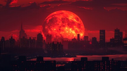Wall Mural - harvest moon in a deep crimson hue, framed by the silhouettes of urban buildings, showcasing the urban contrast against the natural beauty of the lunar phenomenon