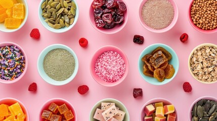 Sticker - Vegan Sweets with Seeds and Dried Fruit Healthy Candy on Pink Background