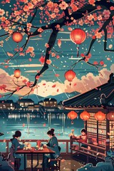 Wall Mural - Japanese temple with cherry blossoms and lanterns for travel or holiday designs