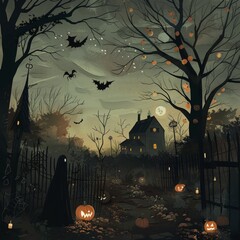 Canvas Print - Spooky Garden Halloween Illustration