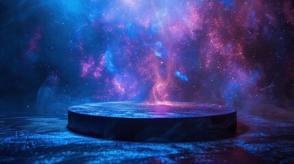 a single, circular platform set against a starry cosmic backdrop with vibrant hues of blue and purpl