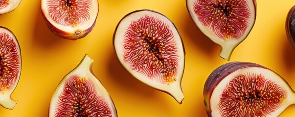 A close up of a bunch of purple figs on a yellow background. The figs are arranged in a way that they look like they are in a bunch, with some of them being cut in half. Free Copy space for text.