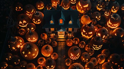 Canvas Print - Top-Down Display of Pumpkin Carvings and Haunted House Silhouettes for Halloween