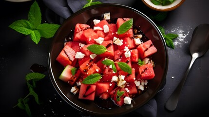 Fresh watermelon and feta salad with arugula and mint.