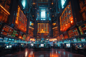 Canvas Print - A bustling stock exchange floor with traders intensely focused on monitors. Concept of finance and business dynamics. Generative Ai.