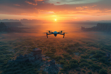 Poster - A sleek drone flying over a vast landscape, capturing aerial footage. Concept of technology and exploration. Generative Ai.