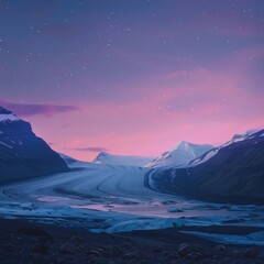 Wall Mural - A beautiful mountain range with a pink sky and stars