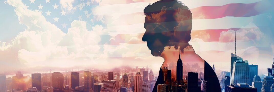 Patriotic Double Exposure Abstract Design with Blurred Gradient Backgrounds in Red,White,and Blue Colors for American Independence Day Wallpaper or Poster