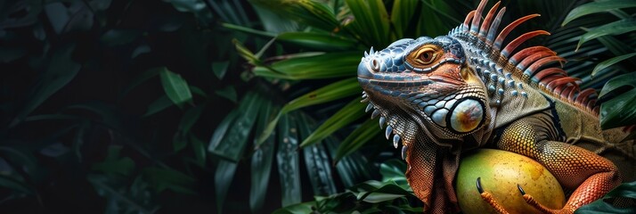 Wall Mural - Wallpaper featuring an iguana holding a ripe mango,surrounded by a verdant backdrop of tropical foliage and lush,vibrant plant life.