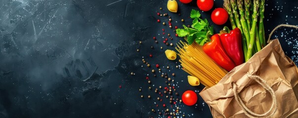 Wall Mural - A bag of vegetables including tomatoes, asparagus, and pasta. The bag is on a black background. Free Copy space for text.