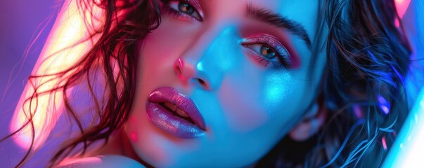 Wall Mural - Close-up of a model's face with bold metallic makeup and colorful neon lighting, showcasing high fashion and vibrant beauty. Free Copy space for text.
