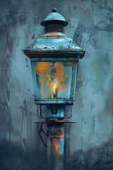 Wall Mural - Rusty vintage lantern with a warm light against a dark blue wall