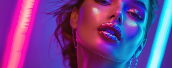 Wall Mural - Close-up of a model's face with bold metallic makeup and colorful neon lighting, showcasing high fashion and vibrant beauty. Free Copy space for text.