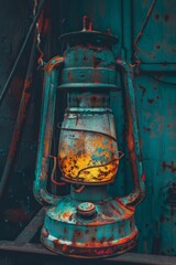 Poster - Rusty vintage lantern with a warm light against a dark blue wall