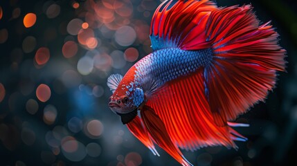 Red and blue betta fish swimming with bokeh background, macro photography. Vibrant aquatic life concept