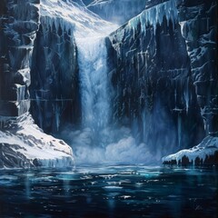 Poster - A painting of a waterfall with ice and snow