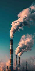 Industrial smokestacks releasing smoke into the sky, highlighting pollution and environmental impact under a vibrant blue and orange sunset.