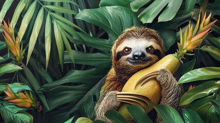 Wall Mural - Peaceful and tranquil wallpaper design featuring a sloth holding a soursop fruit surrounded by lush tropical foliage and greenery. Ideal for nature,wildlife,or minimalist-themed backgrounds.