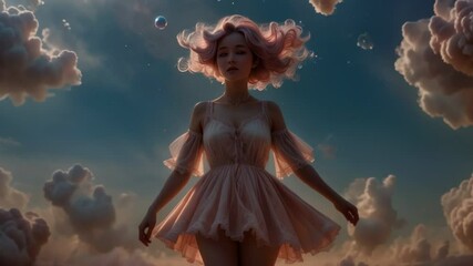 Wall Mural - Gentle woman on pink clouds background