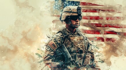 Powerful and dynamic double exposure artwork showcasing a heroic US Marine in full combat gear,with the American flag fluttering proudly in the background,symbolizing the bravery,patriotism.