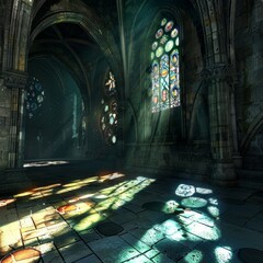 Sticker - A stained glass window in a dark room with sunlight shining through it