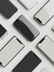 Aufkleber - An image of several modern smartphones arranged in a diagonal pattern on a white surface. Perfect for mobile technology and smartphone accessory companies. Generative AI