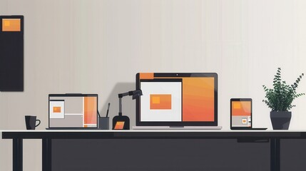 Fototapete - A sleek desk with modern laptops and tablets displaying vibrant apps and work processes, perfect for IT companies and electronics manufacturers. Generative AI