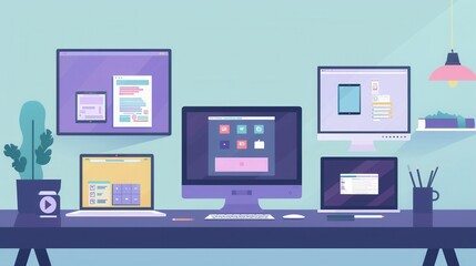 Fototapete - An illustration showcasing a modern desk with multiple laptops and tablets displaying vibrant apps and work processes. Perfect for IT companies and electronics manufacturers. Generative AI