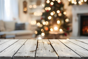 Wall Mural - Empty white wooden table on blurred white Christmas background with tree and bokeh. Backdrop for mockup and promotion design.