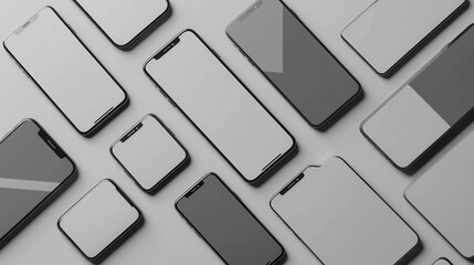 Aufkleber - A flat lay showcasing several modern smartphones arranged in different angles on a white surface, ideal for showcasing mobile technology and accessories. Generative AI