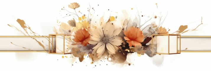 Wall Mural - Abstract luxury floral watercolor banner with gold geometric elements and splashes. Golden line with black and gold flower and decorated line arrangement with white background. Elegant design. AIG35.