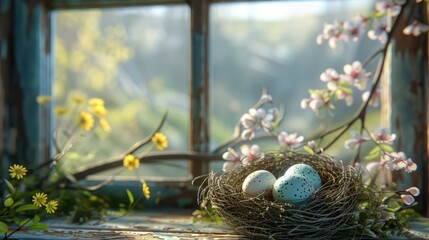 Wall Mural - Easter Nest with Eggs and Flowers on Window Sill - Festive Spring Decoration for Easter Celebrations