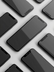 Fototapete - A flat lay image of several modern smartphones arranged in various angles on a white surface. Perfect for showcasing mobile technology or smartphone accessories. Generative AI