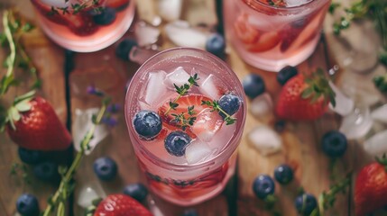 Cool summer drink with ice, thyme, strawberries, blueberries, and lemonade