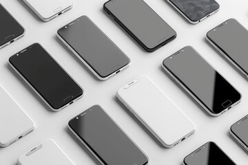 Fototapete - An overhead image featuring several modern smartphones positioned at different angles, showcasing their sleek design and functionality. Generative AI