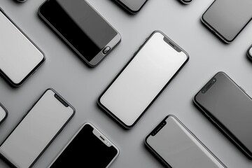Poster - A flat lay of several modern smartphones arranged in different angles on a grey background. Generative AI