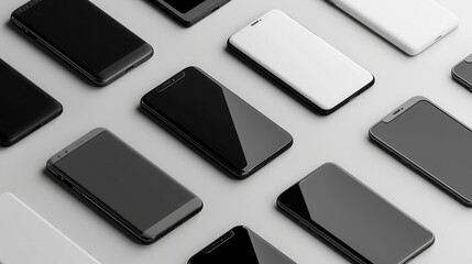 Fototapete - A collection of modern smartphones arranged in various angles on a grey surface. Perfect for mobile technology and smartphone accessory companies. Generative AI