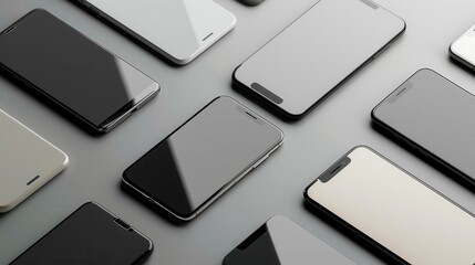 Leinwandbilder - Multiple smartphones arranged in various angles on a gray surface. Great for showcasing mobile technology or smartphone accessories. Generative AI