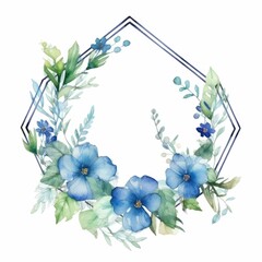 Wall Mural - Watercolor floral geometric shape frame with blue flowers and green leaves on white background. Wedding invitation and springtime concept. Design for greeting card, and botanical print. AIG35.