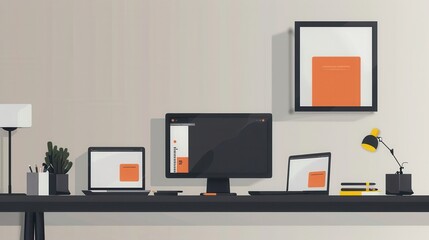 Leinwandbilder - A modern desk with a desktop computer, laptops, and tablets displaying vibrant apps and work processes. Perfect for IT companies and electronics manufacturers. Generative AI