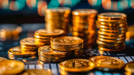 Closeup of golden cryptocurrency coins on a stock chart