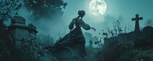 An eerie and whimsical scene of a skeleton ghost dressed in vintage style clothes, dancing gracefully in a graveyard under the full moon.