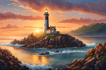 Lighthouse with cloud and sea wave beautiful landscape, Generated by Ai