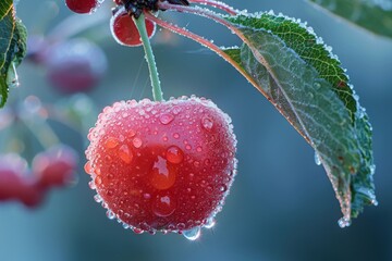 Canvas Print - Close-up of Dew-Covered Cherry on Tree Branch