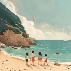 Canvas Print - A family of four is standing on a beach, looking out at the ocean