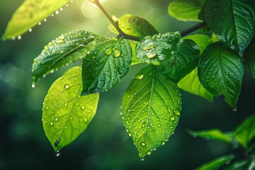 Canvas Print - Dew-covered Green Leaves in Sunlight