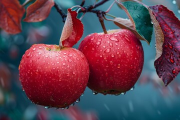 Two Red Apples Covered in Raindrops