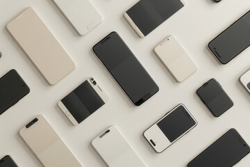 Poster - Several modern smartphones are arranged in different angles on a white surface. This image is perfect for mobile technology and smartphone accessory companies. Generative AI