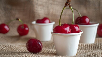 Wall Mural - Sacking background with fresh cherries in meta dish.Dietary health.