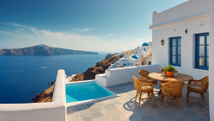 Beautiful balcony Santorini Greece, sunny day resort